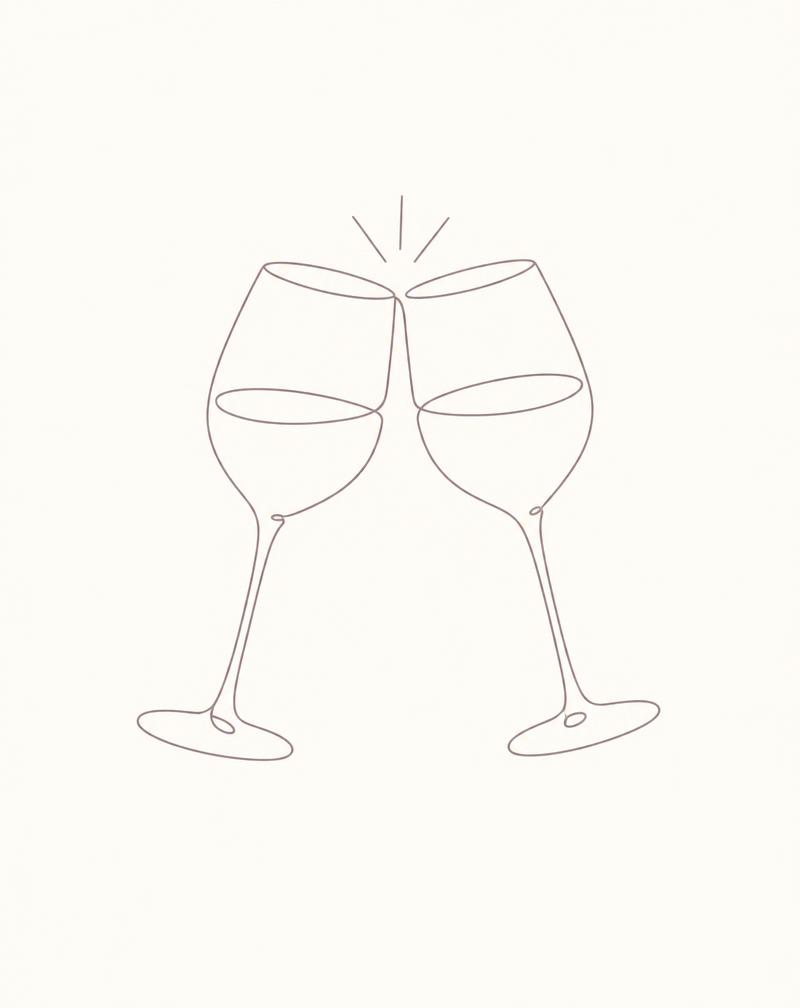 Two wine glasses clinking, drawn in a single elegant line